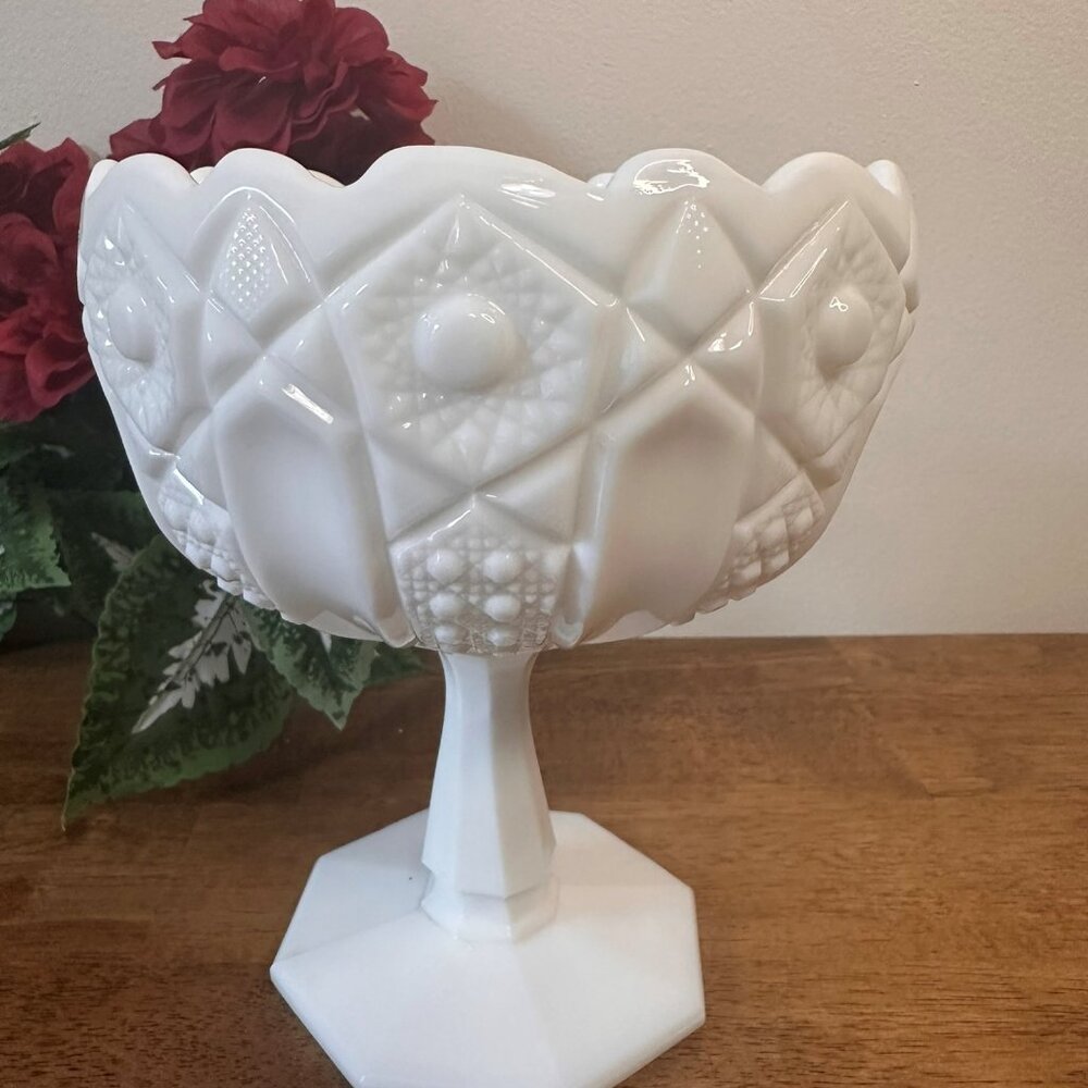 Vintage Milk Glass Compote Dish Pedestal Candy Bowl Diamond Point Thumbprint Des